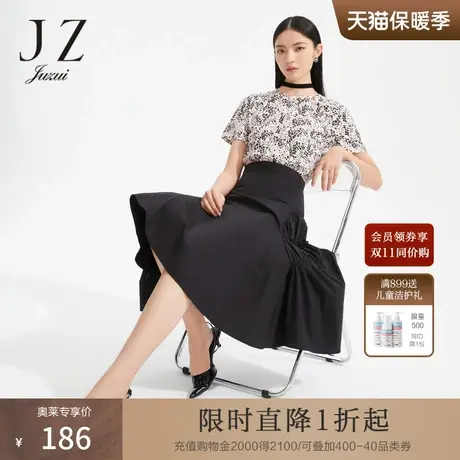 JZ玖姿优雅印花T恤女装2022夏季新款简约圆领轻松感棉氨单上衣薄商品大图