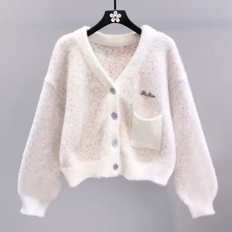 日系复古仿水貂绒毛衣外套女秋冬2023新款宽松慵懒风短款针织开衫商品大图