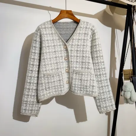 小香风钉珠毛衣开衫外套女秋冬新款宽松v领名媛气质长袖针织上衣图片