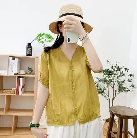 v领纯色衬衫短袖女2023新款潮薄款女装夏装上衣宽松显瘦简约衬衣商品大图