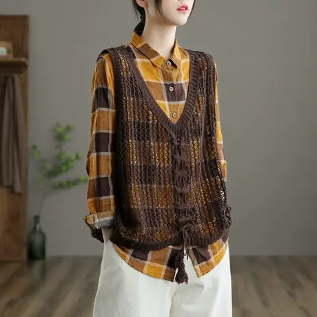 dza文艺复古马甲背心女针织上衣短款V领镂空新款秋季外穿休闲马夹图片