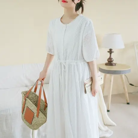 胖妹妹夏季优雅气质满幅绣连衣裙 加大码2023新款花边圆领长裙女商品大图