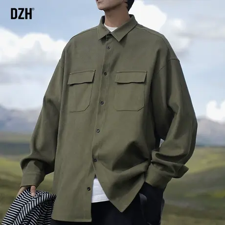 男士军绿色翻领工装夹克外套男春秋季潮牌大码休闲男装2023年新款商品大图