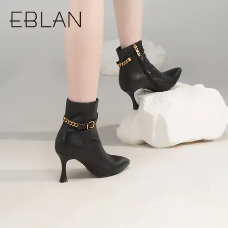 伊伴女鞋2022秋冬短靴女时装靴细跟高跟优雅中筒靴皮靴小香风裸靴商品大图