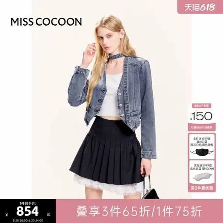 可可尼cocoon短款V领蓝色牛仔外套女2025夏季新款休闲小个子上衣图片