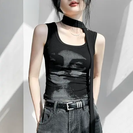 美式复古风围脖吊带背心女2025春夏新款洋气印花修身显瘦内搭上衣商品大图