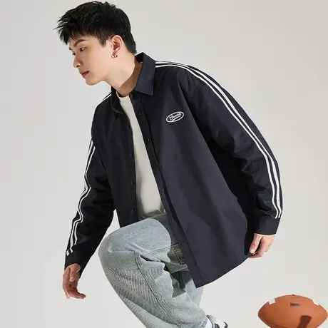 唐狮春秋新款男翻领三条杠文字绣花长袖运动宽松休闲百搭衬衫男潮图片