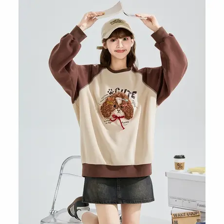 唐狮圆领卫衣女2025春秋季新款套头宽松百搭卫衣超好看可爱上衣商品大图
