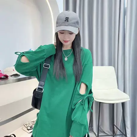 2023新款长袖T恤卫衣女秋季时尚气质设计感小众纯色简约圆领上衣商品大图