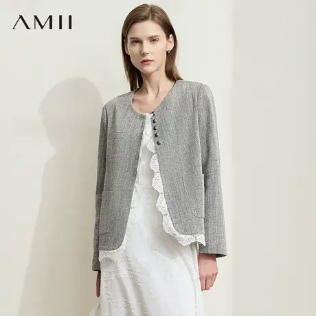 AMII【复古小香风外套】25秋时尚知性小香风蕾丝撞色花边外套女图片