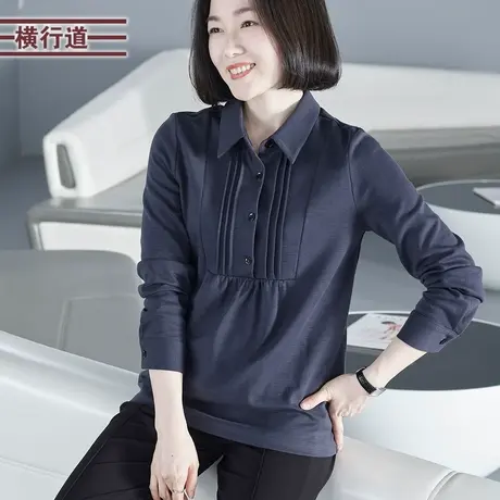 2023冬季新款纯色简约翻领娃娃款纽扣宽松长袖T恤女外穿妈妈上装商品大图