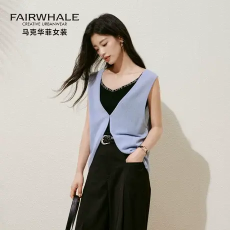 马克华菲丝光羊毛针织马甲背心女春夏新款一粒扣外搭无袖开衫上衣图片