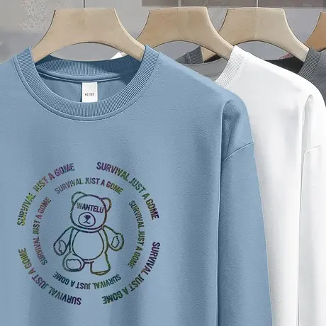 圆领卫衣男2023新款小熊印花无帽上衣宽松潮流春秋款加绒长袖t恤商品大图