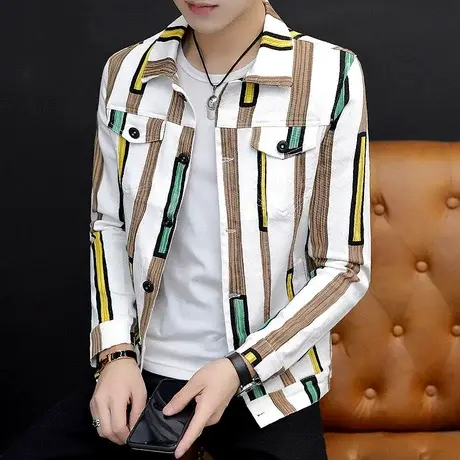 男士个性ins牛仔外套男社会小伙潮牌男装帅气棒球服春装条纹夹克商品大图