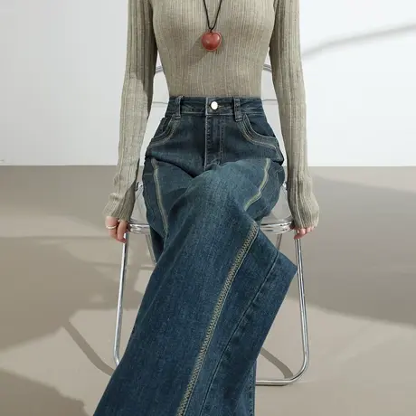 复古窄版阔腿牛仔裤女2025春秋季新款高腰宽松显瘦垂感直筒拖地裤商品大图