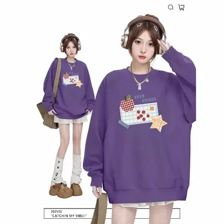 紫色卫衣女秋冬2025新款初秋韩系慵懒宽松多巴胺无帽套头圆领上衣商品大图
