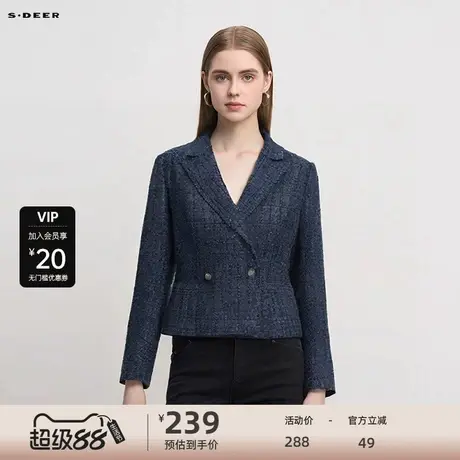 S·DEER圣迪奥女装秋时尚通勤西装领格纹一粒扣短款外套S233Z2217图片