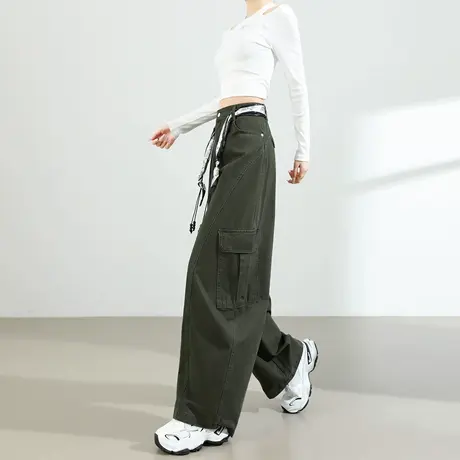 美式弯刀工装裤女春秋季2025新款高腰宽显瘦松丝巾腰带运动阔腿裤商品大图