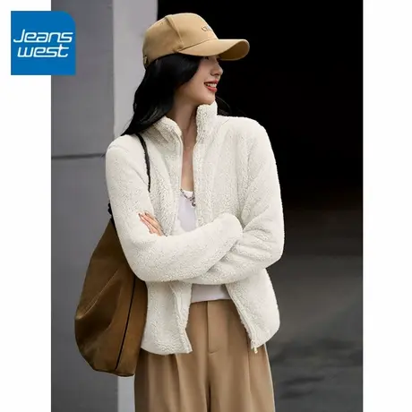KV真维斯杏色立领开衫女2025新款秋冬款宽松百搭加绒保暖休闲外套商品大图