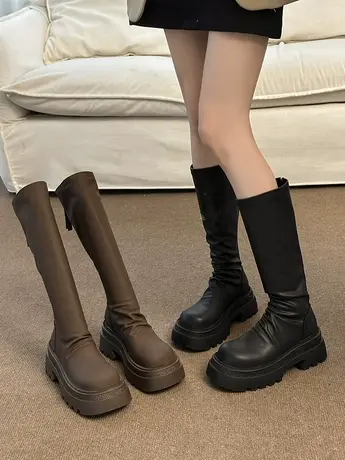 2023秋新款皱褶厚底长靴不过膝高筒靴韩版修腿显瘦倒靴棕色弹力靴商品大图