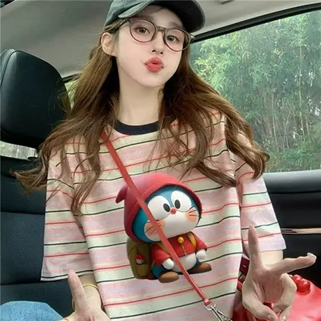 粉色条纹短袖t恤女2025新款夏季爆美式复古减龄印花宽松显瘦上衣图片