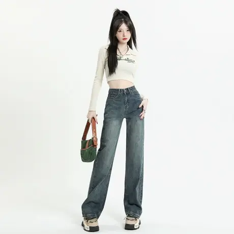 唐狮直筒牛仔裤女2024春秋季新款宽松阔腿裤复古高腰显瘦长裤子GT图片