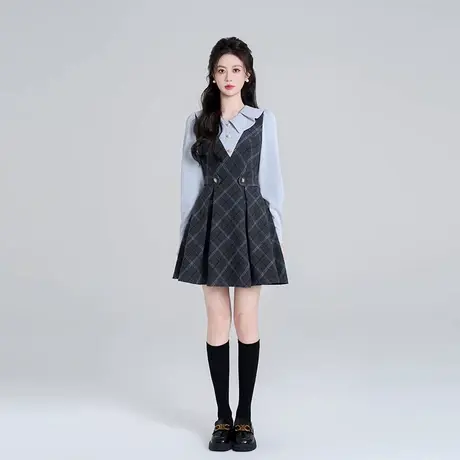 爵莱菲大码法式娃娃领假两件连衣裙秋季小香风千金格子蓝色a字裙商品大图
