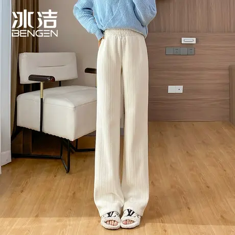 冰洁麦穗条加绒阔腿裤女2023秋冬新款高腰垂感宽松显瘦直筒裤LBDS商品大图