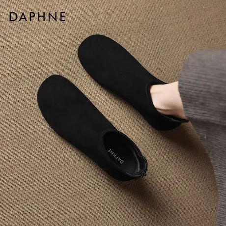 达芙妮短靴女2026新款冬季加绒平底黑色瘦瘦妈妈靴子法式软底踝靴商品大图