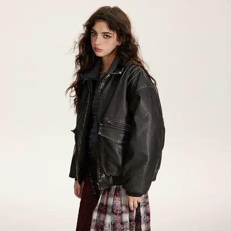 复古做旧PU皮棉服女夹棉冬季外套新款街头潮牌皮衣宽松情侣装棉衣图片