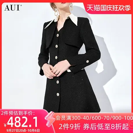 AUI黑色气质小香风毛呢外套女冬2023新款高级感收腰修身呢子大衣商品大图
