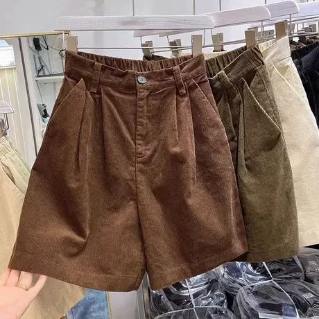 复古灯芯绒短裤女秋冬外穿显瘦高腰a字阔腿五分中裤休闲打底靴裤图片