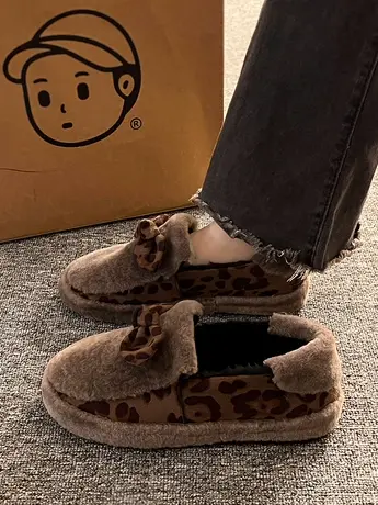 棉鞋女冬季外穿2023年新款蝴蝶结厚底毛毛鞋加绒保暖一脚蹬豆豆鞋商品大图