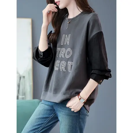 宝诗黎圆领字母刺绣卫衣女2023春秋季新款设计感拼接长袖慵懒上衣图片