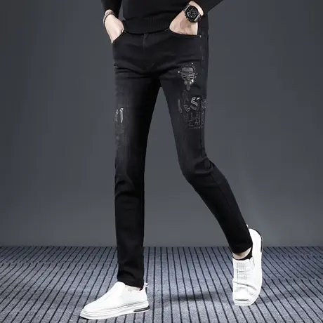 高端牛仔裤男2023秋冬新款黑色烫钻修身小脚弹力潮流休闲男装裤子商品大图