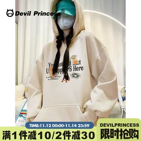 学院风ulzzang设计感小众奶杏色连帽卫衣女宽松大版超火套头上衣图片