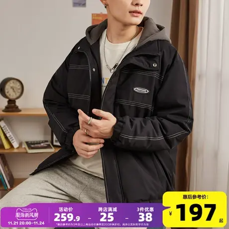 唐狮2022年冬季新款棉衣男短款假两件宽松潮牌棉服男加厚工装外套商品大图