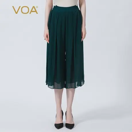 VOA真丝乔其孔绿色牛筋松紧腰亲肤透气褶皱双层七分桑蚕丝阔腿裤图片