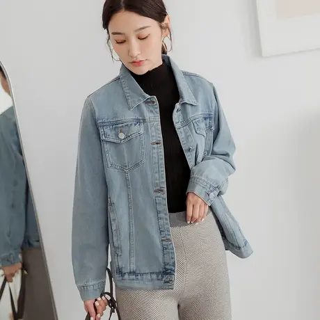 桔熊春季帅气牛仔外套女复古仿旧高棉磨白宽松休闲夹克大码EA3024图片