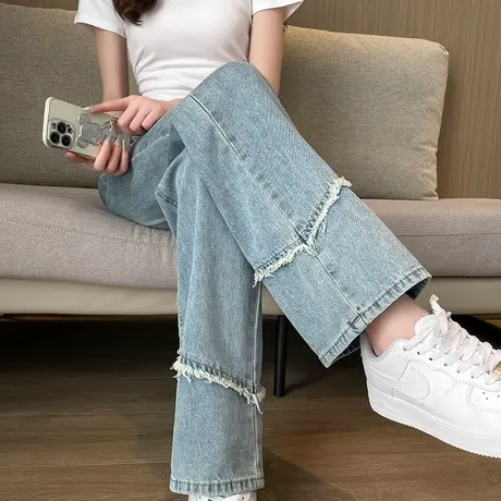 毛边拼接直筒宽松垂感牛仔阔腿裤女2024年春秋高腰设计感薄款长裤商品大图