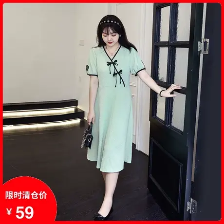 2023年夏季新款V领显瘦中长款大码胖MM遮肉中式改良旗袍连衣裙商品大图