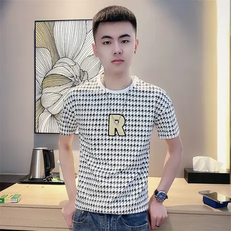夏季男士t恤男装短袖修身半袖潮流千鸟格格子学生潮牌is圆领体恤商品大图