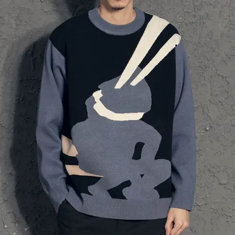 奕飏创意提花拼色毛衣男2019新款 气质潮流男士秋装上衣针织衫图片