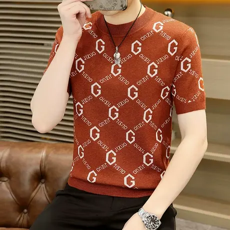 毛衣短袖男士春夏季潮牌休闲提花针织t恤圆领百搭打底衫秋冬装潮商品大图