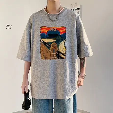 港风姜饼人芝麻街t恤男短袖潮牌夏季卡通动漫宽松半袖体恤上衣服商品大图