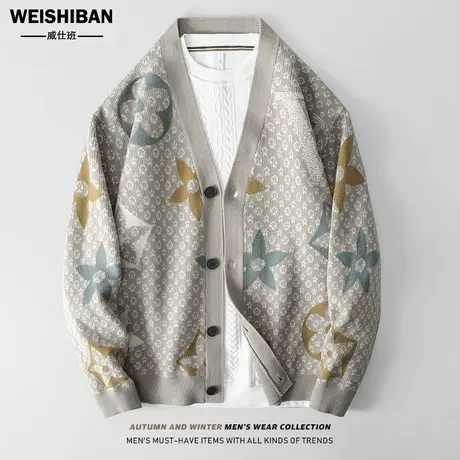 高级感美式休闲针织衫外套男潮流V领个性提花开衫毛衣情侣毛线衣商品大图