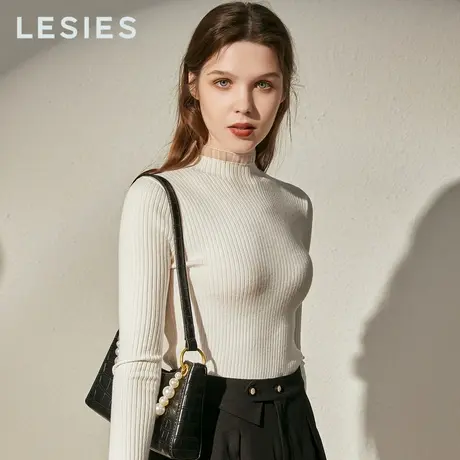 LESIES蓝色倾情春秋女装新款时尚休闲木耳边珍珠扣针织打底衫上衣图片