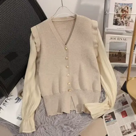 针织开衫外套女2024年新款小香风泡泡袖木耳边V领短款长袖上衣商品大图