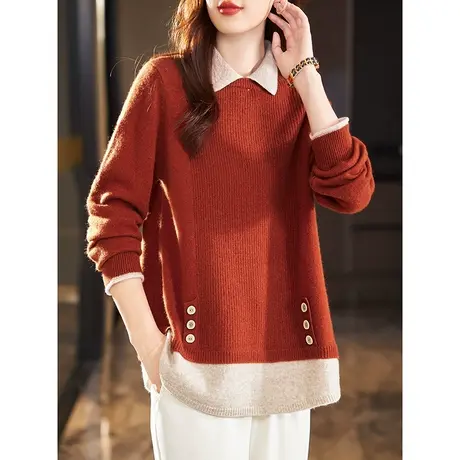 宝诗黎翻领假两件针织羊毛衫2024春季新款减龄打底宽松毛衣女内搭商品大图