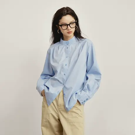 omont蛋挞家 复古立领长袖衬衫女秋装新款别致设计感宽松衬衣商品大图